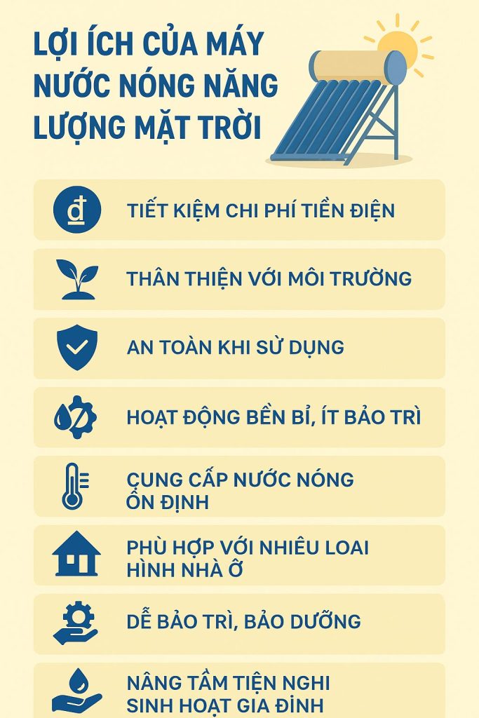 Khám phá 15 lợi ích của máy nước nóng năng lượng mặt trời: tiết kiệm chi phí, an toàn tuyệt đối, bảo vệ môi trường. Tìm hiểu ngay