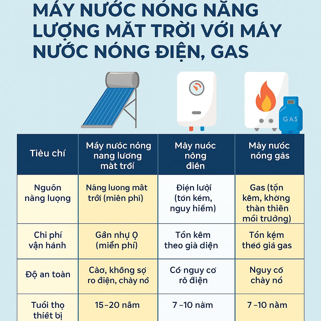so sánh máy nước nóng năng lượng mặt trời, máy nước nóng điện và gas về nguồn năng lượng, chi phí vận hành, độ an toàn và tuổi thọ thiết bị